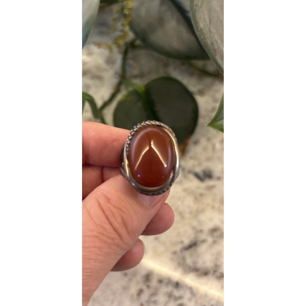 Barse Vintage 925 Ring with Large Red/brown Stone and Textured‎ Band Chunky Boho